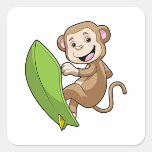 Adesivo Quadrado Macaco como surfista com surfboard
