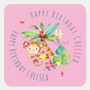 Adesivo Quadrado Macaco Fofo Azul Aniversário Feliz Personalizado