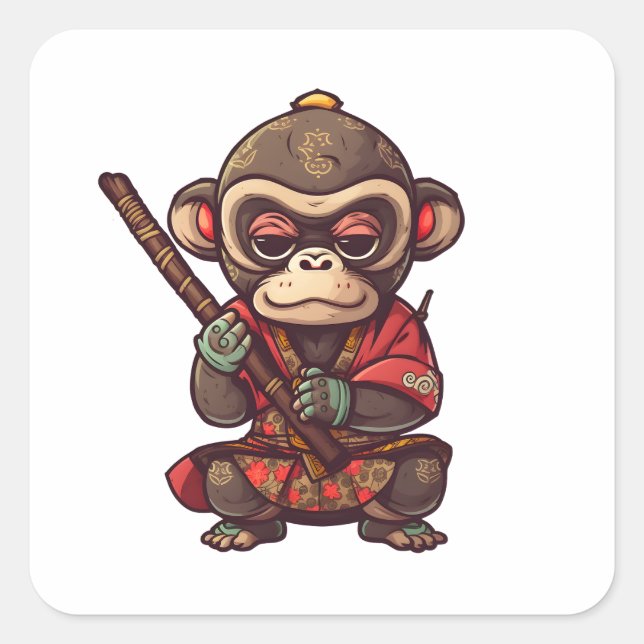 Adesivo Quadrado Macaco-Grito Samurai Macaco Adorável, Apanhador De (Frente)
