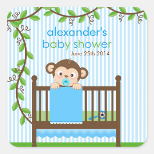 Adesivo Quadrado Macaco pequeno num Chá de fraldas Crib Boy Sticker