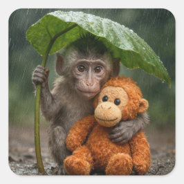 Adesivo Quadrado Macaque Monkey with Orange Orangutan