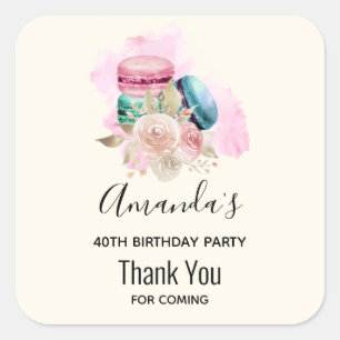 Adesivo Quadrado Macarões Coloridos e Flores Aquarela Aniversário
