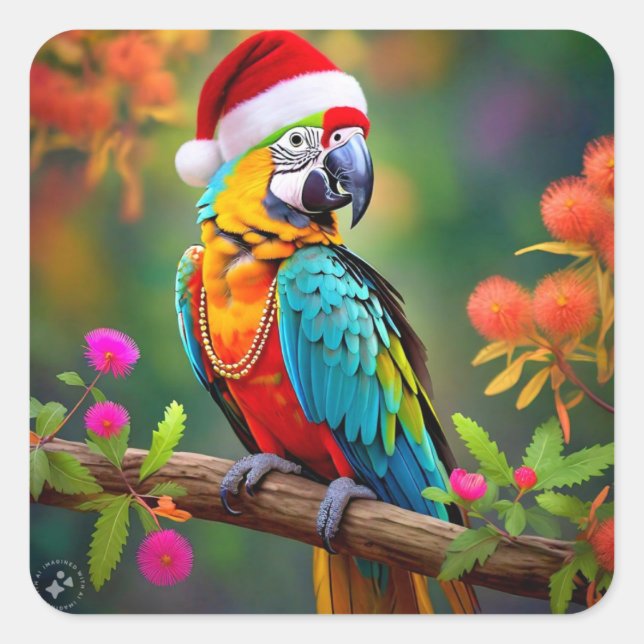 Adesivo Quadrado Macaw de Natal Vestindo um Chapéu Santa- 56485 (Frente)