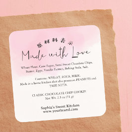 Adesivo Quadrado Made with Love Ingredient Product Pink Watercolor