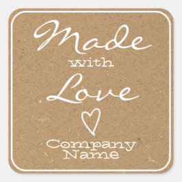 Adesivo Quadrado Made with Love Labels Kraft Paper Símbolo de Coraç