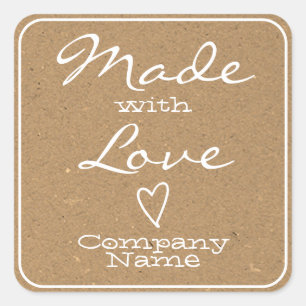 Adesivo Quadrado Made with Love Labels Kraft Paper Símbolo de Coraç
