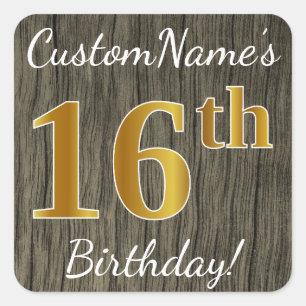 Adesivo Quadrado Madeira Faux, Faux Dourado 16.o aniversário + nome