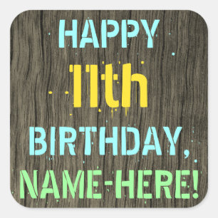 Adesivo Quadrado Madeira Faux, Olhar Texto Pintado, Aniversário 11