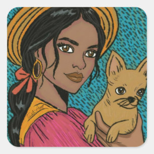 Adesivo Quadrado Mãe de Cachorro Chihuahua Boho Desenhado à Mão