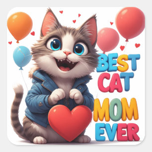Adesivo Quadrado Mãe de Gato Amor de Gatinho Com Coração 🐾