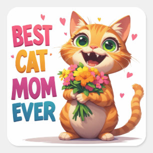 Adesivo Quadrado Mãe de Gato Fofa Segurando Flores e Corações 🐱