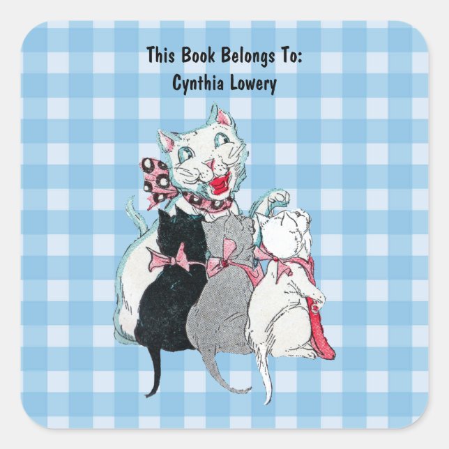 Adesivo Quadrado Mãe Gato Branca Sorrindo Com Xadrez De Três Gatinh (Frente)