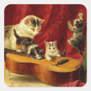 Adesivo Quadrado Mãe Gato e Gatinhos Brincando com Violão