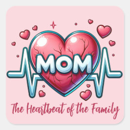 Adesivo Quadrado Mãe, pulsação da Família com Coração Vermelho