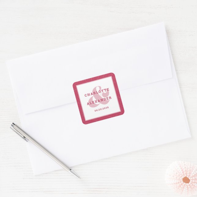 Adesivo Quadrado Magenta Red Modern Weding Trendy Bride & Groom (Envelope)