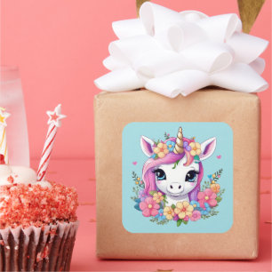 Adesivo Quadrado Magical Baby Unicorn with Flowers