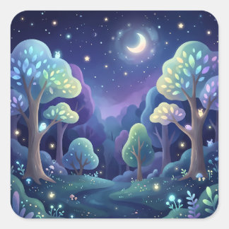 Adesivo Quadrado Magical Night Forest and Glowing Pastel Trees