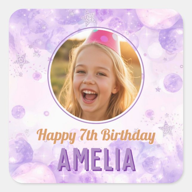 Adesivo Quadrado Magical Purple Photo Happy Birthday Party  (Frente)