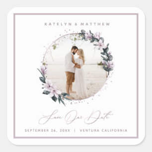 Adesivo Quadrado Magnólia Floral & Círculo Mauve Foto Save The Date