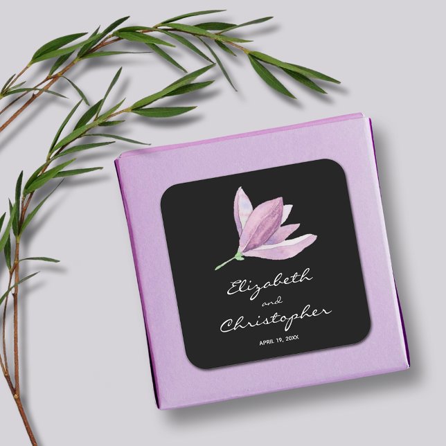 Adesivo Quadrado Magnolia Floral Wedding Favor em Preto (Magnolia Floral Wedding Favor Black Square Stickers)