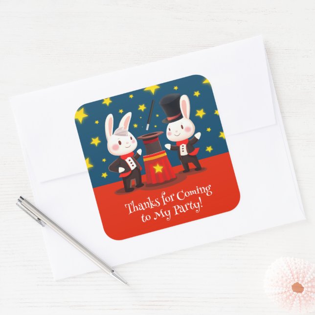 Adesivo Quadrado Magos de Coelho Cinto no Aniversário Mágico Palco (Envelope)