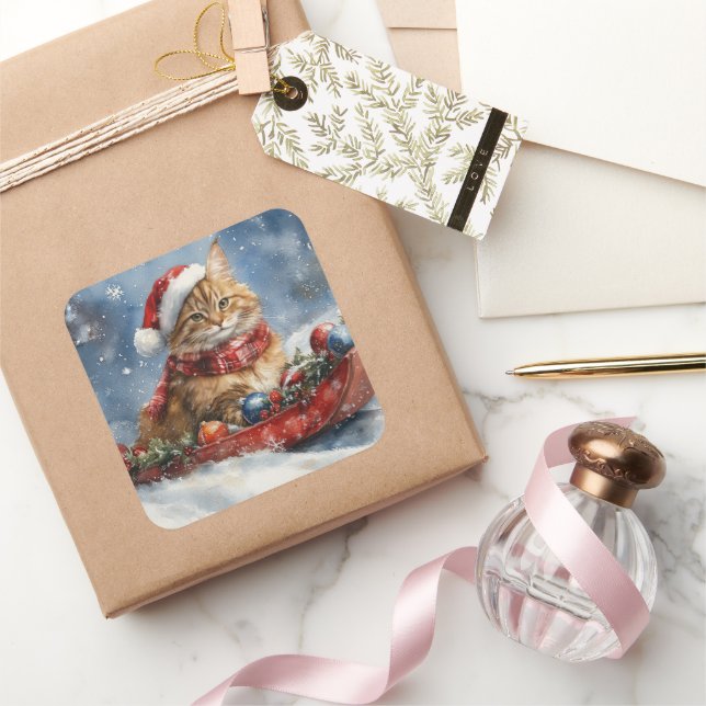 Adesivo Quadrado Maine Coon Cat em Sledge Deixe nevar Natal (Presentear)