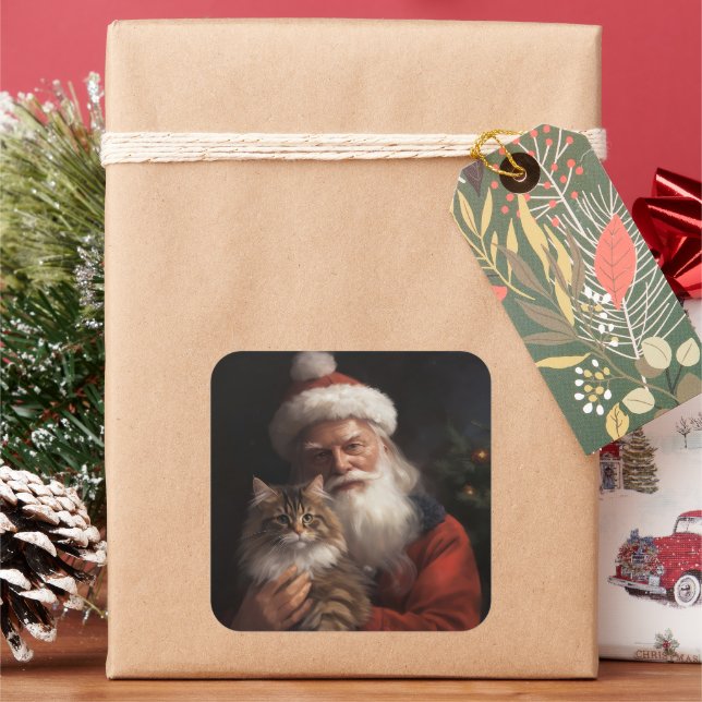 Adesivo Quadrado Maine Coon com Papai Noel Natal Festivo (Feriado)