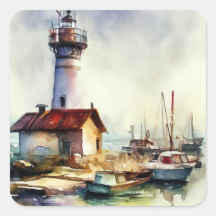 Adesivo Quadrado Maine Farol e barcos Arte Aquecida