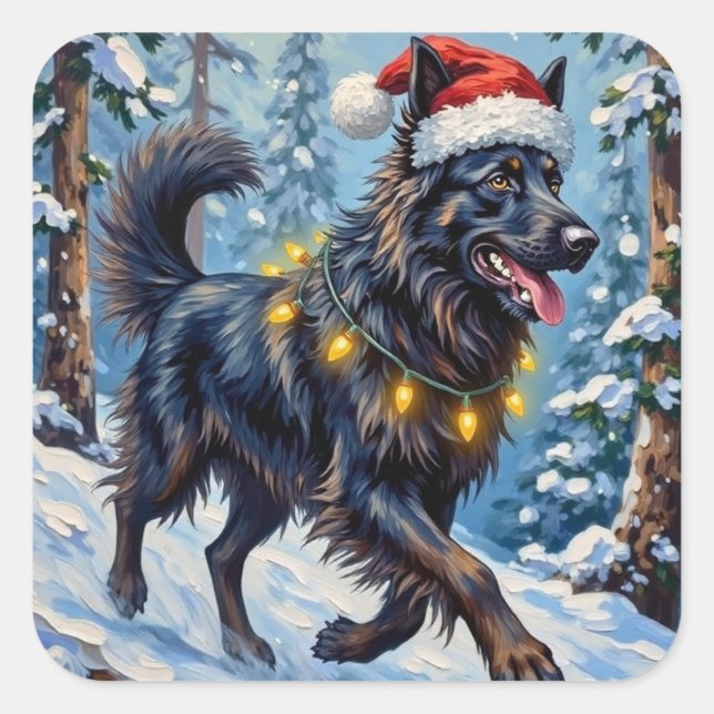 Adesivo Quadrado Majestic Belgian Shepherd Snow Forest Christmas (Frente)