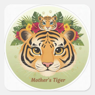Adesivo Quadrado Majestic Mother Tiger and Cub Floral Sticker - Maa