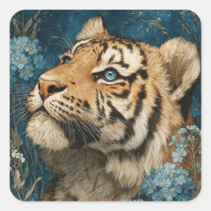 Adesivo Quadrado Majestoso Jovem Tigre Olhando para Cima no Jardim