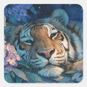 Adesivo Quadrado Majestoso Tigre Sonolento no Jardim Floral Roxo