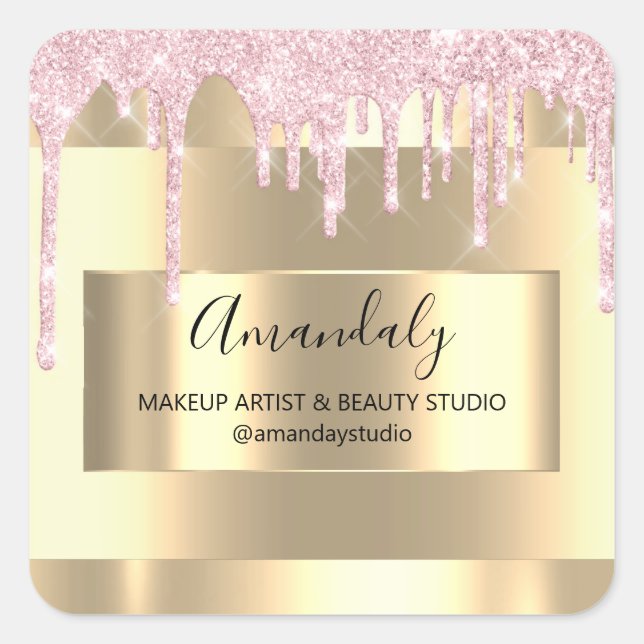 Adesivo Quadrado Makeup Beauty Glitter Dourado Frame Boutique Pink (Frente)