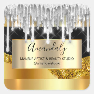 Adesivo Quadrado Makeup Beauty Glitter Silver Frame Obrigado Dourad