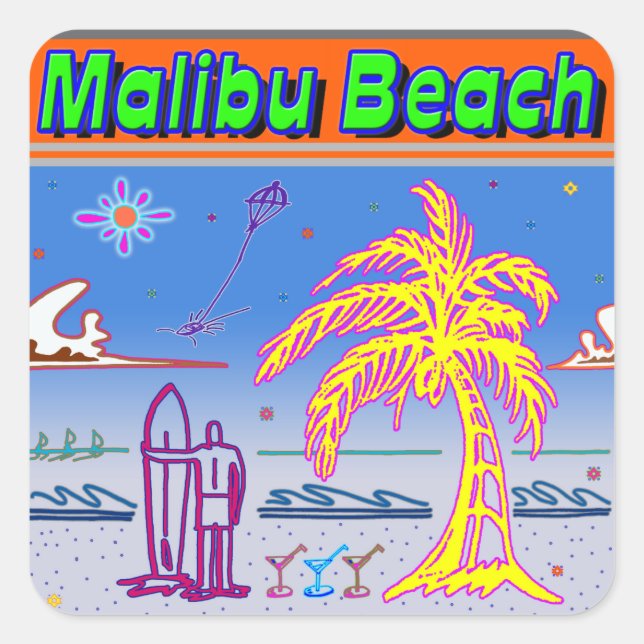 Adesivo Quadrado "Malibu Beach" Surfer Sticker (Frente)