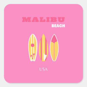 Adesivo Quadrado Malibu, Malibu Beach, California, Preppy, Pink