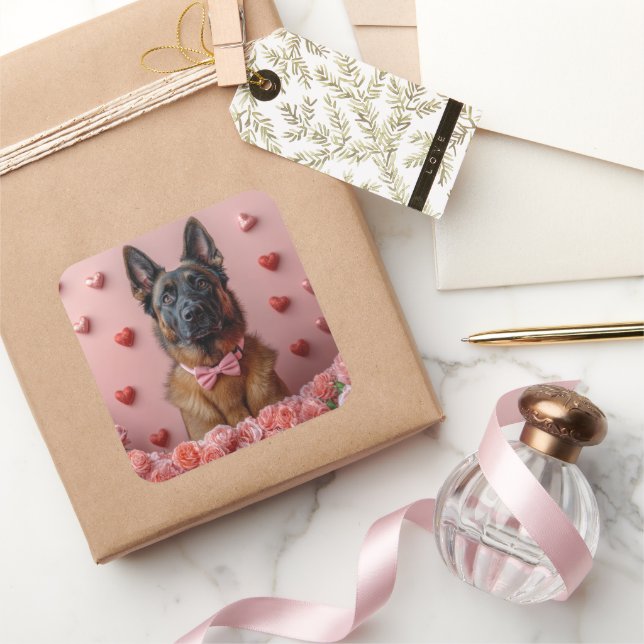 Adesivo Quadrado Malinois belgas com Rosas - Dia de os namorados (Presentear)