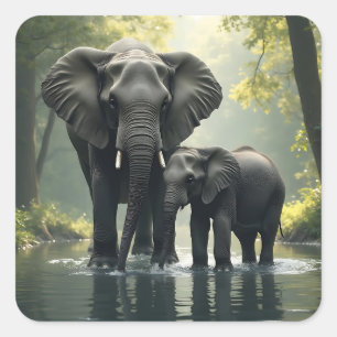 Adesivo Quadrado Mamãe e Elefante Bebê na Floresta Africana