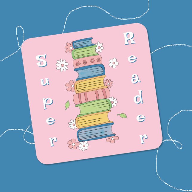 Adesivo Quadrado Manchas de Aquarela e Flores, Autoleitores (Super reader kid pink reward sticker .
)