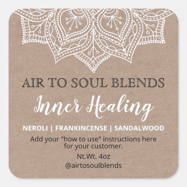 Adesivo Quadrado Mandala Branca Em Rótulos De Mistura Kraft (Frente)