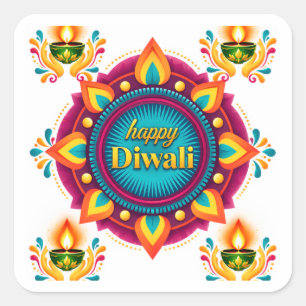 Adesivo Quadrado Mandala Colorido de Diwali com Diyas Tradicionais