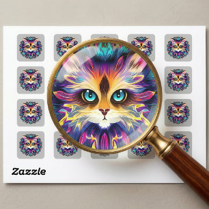Adesivo Quadrado Mandala com retrato de gato fofo e peludo