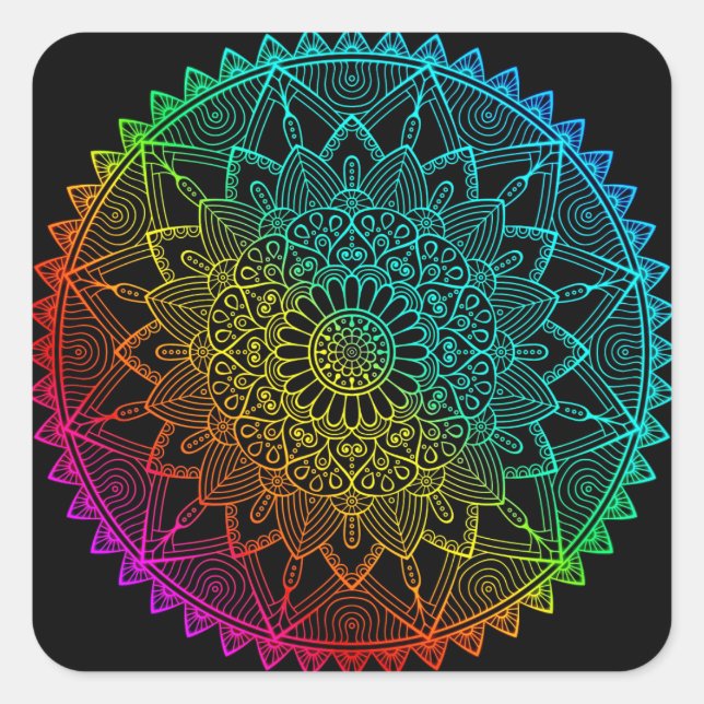Adesivo Quadrado Mandala do Arco-Íris Preto (Frente)