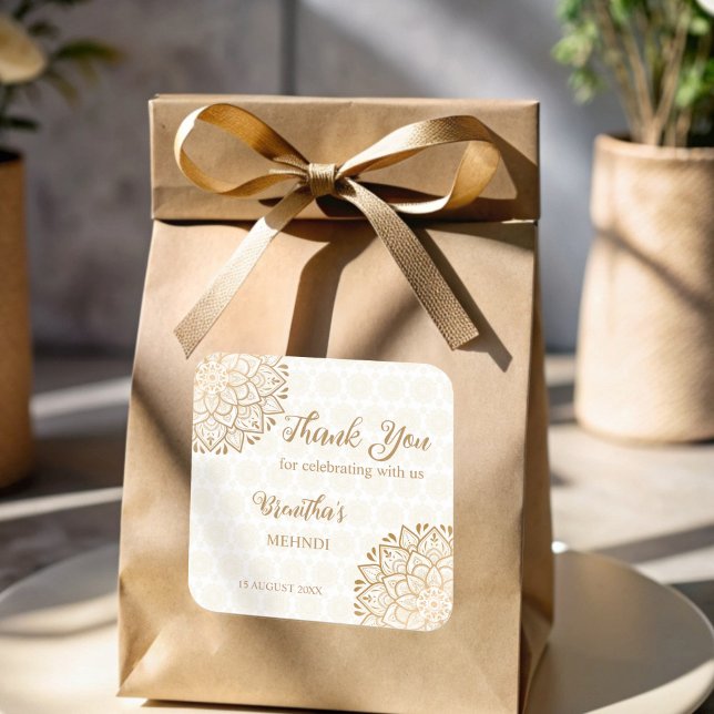 Adesivo Quadrado Mandala do ouro Mehndi personalizado (Golden mandala Mehndi personalized Square Sticker)