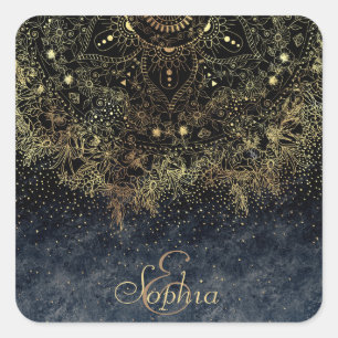 Adesivo Quadrado Mandala floral Dourada na moda e confetti