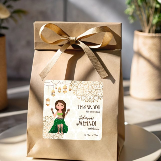 Adesivo Quadrado Mandala ouro com noiva indiana fofa personalizada (Golden mandala with cute Indian bride personalized Square Sticker)