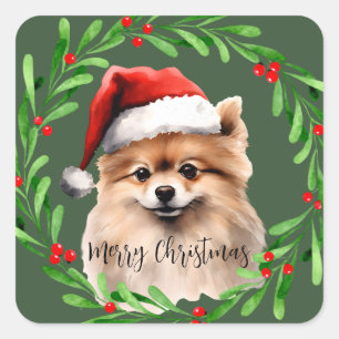 Adesivo Quadrado Manipulação de Cães de Aquarela de Natal Pomerania