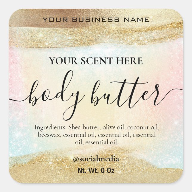 Adesivo Quadrado Manteiga Dourada do Arco-Íris Pastel (Frente)