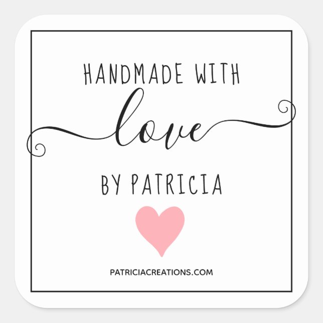 Adesivo Quadrado Manuscrito com amor, artesanato rosa (Frente)