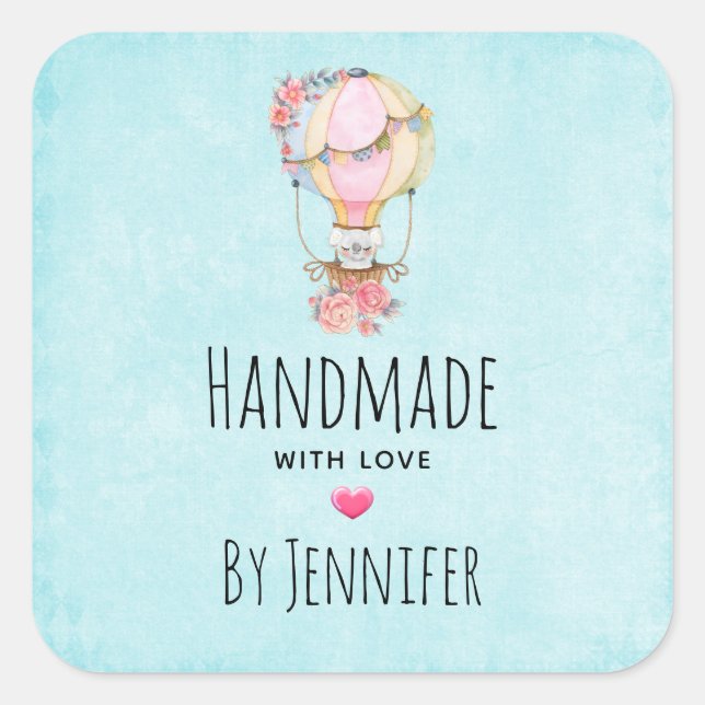 Adesivo Quadrado Manuscrito Com Amor Cura de Balão de Ar Quente (Frente)